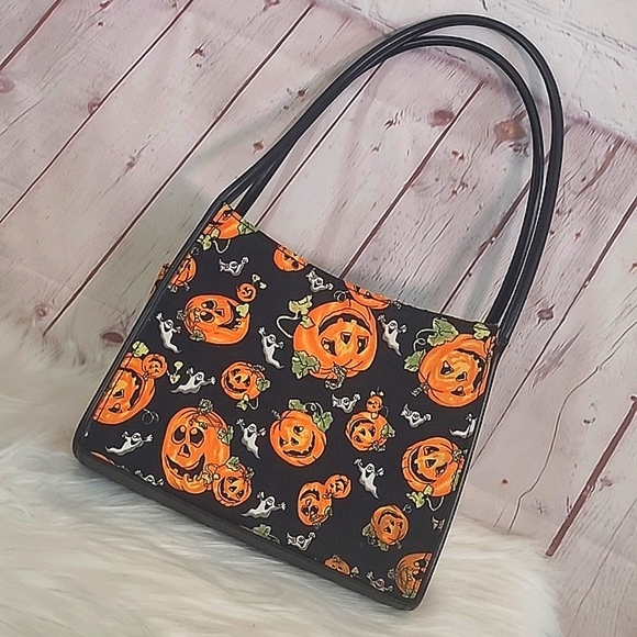 Pumpkin & Ghost Mini Halloween Print Zip Square Shoulder Bag Purse Tote 10" - Picture 3 of 17